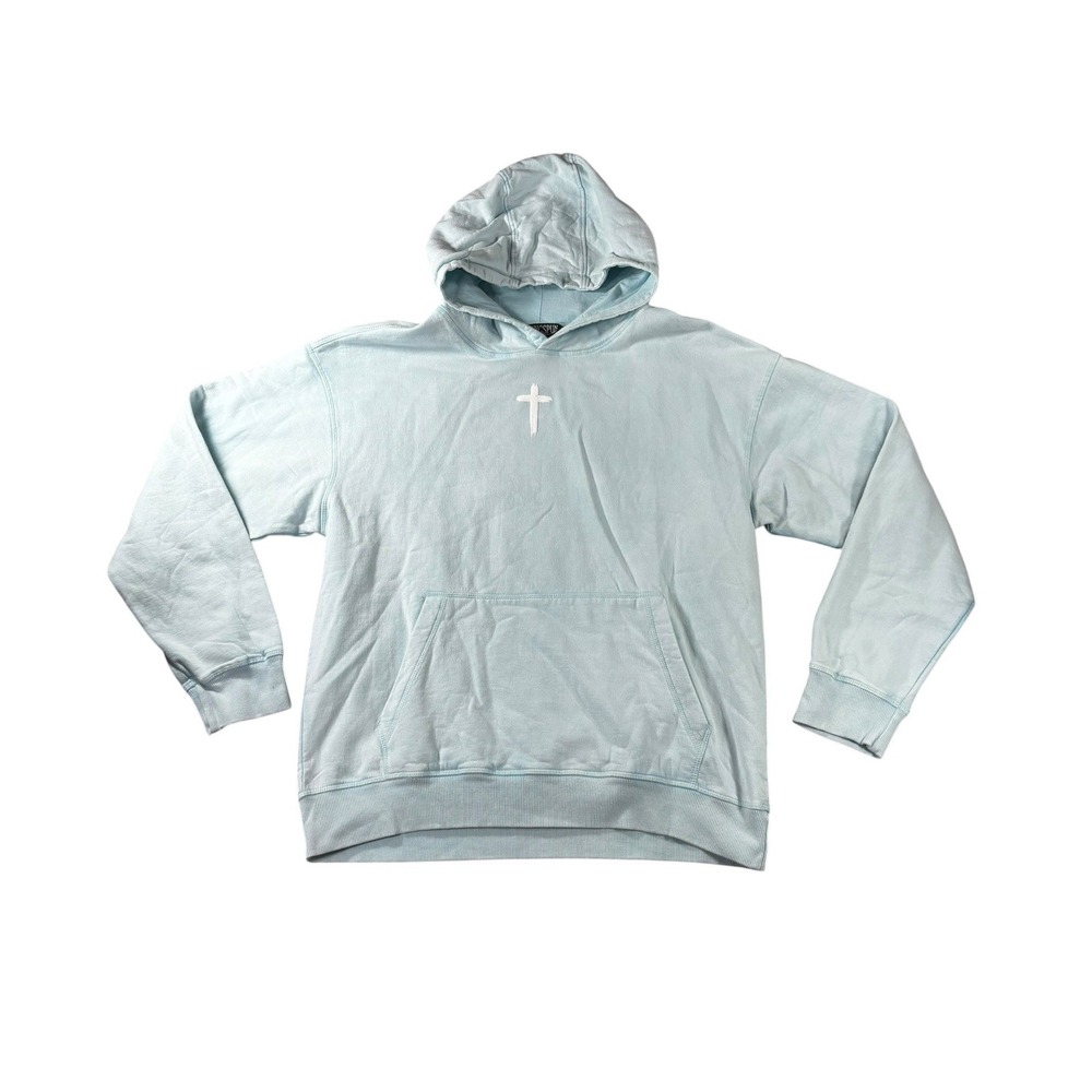 Ringspun Jesus Loves You Hoodie Light Blue Cross Streetwear Mens Medium